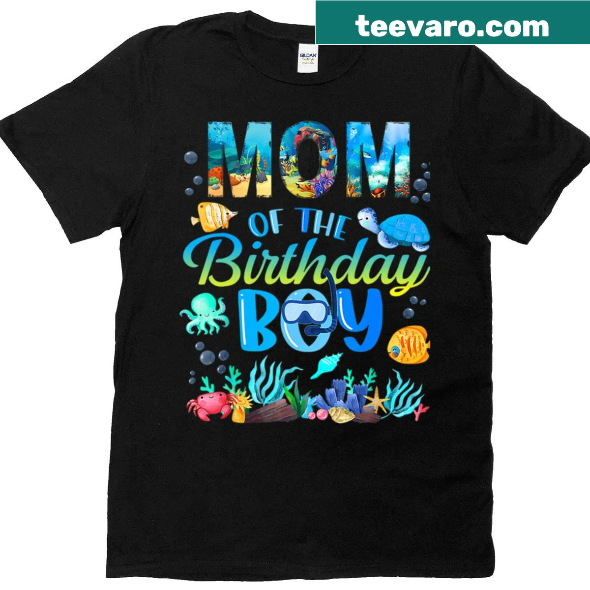 Mom of the birthday boy T-shirt with ocean animal illustrations — on a men's t-shirt