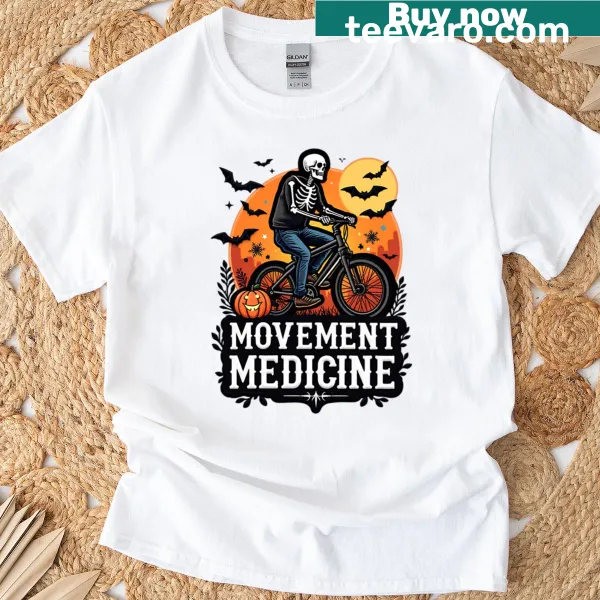 Skeleton bike rider graphic T-shirt promoting movement as medicine
