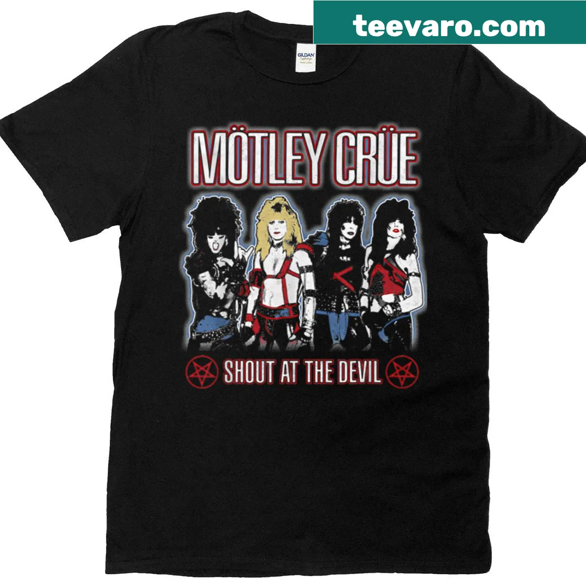 Bold typography with 'Shout At The Devil' on a rock music T-shirt — on a men's t-shirt