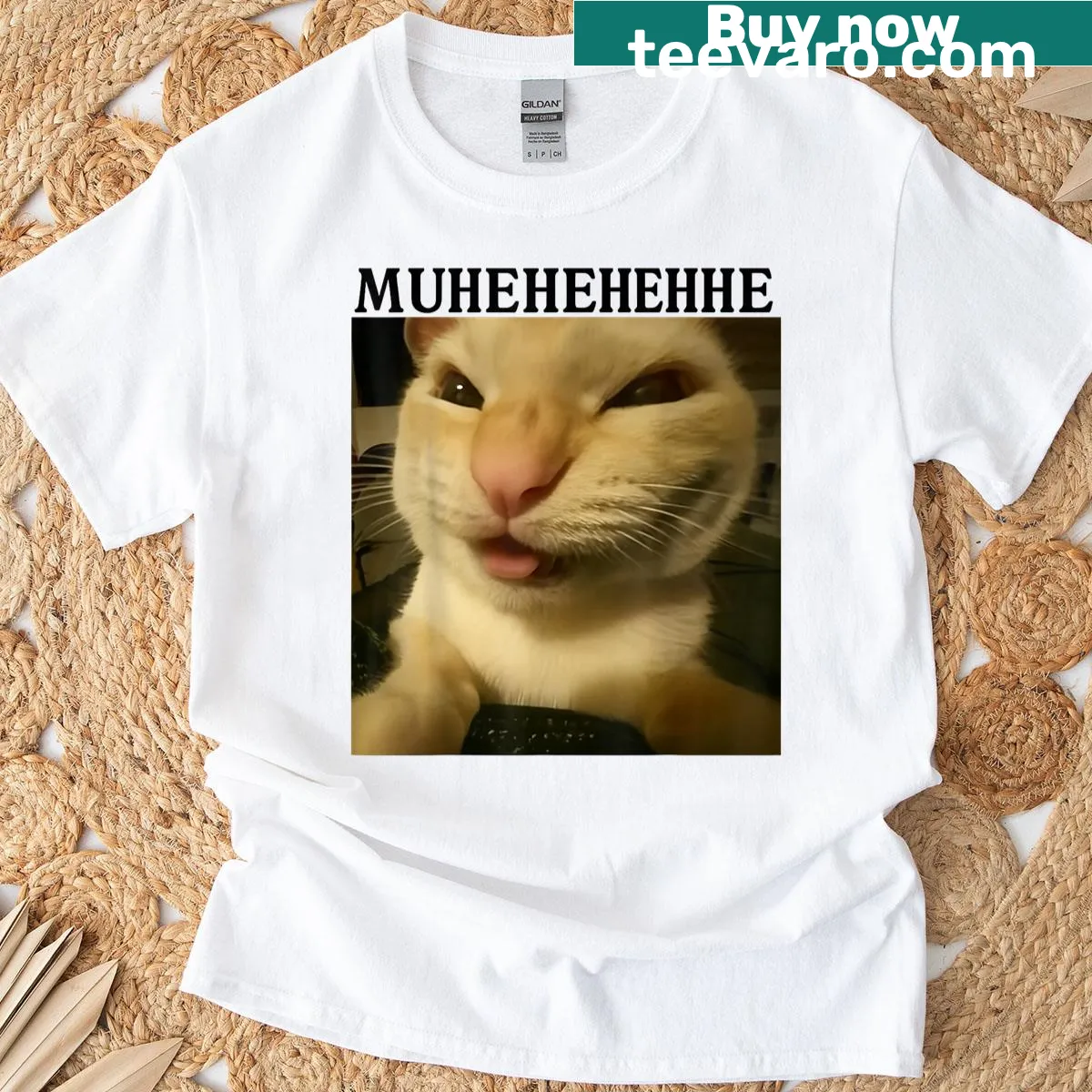 Cartoon laughing cat T-shirt for Gen Z meme lovers — on a men's t-shirt