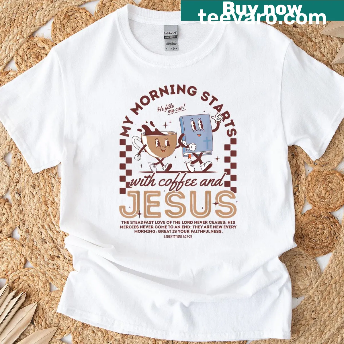 Coffee and Jesus morning t-shirt — on a men's t-shirt