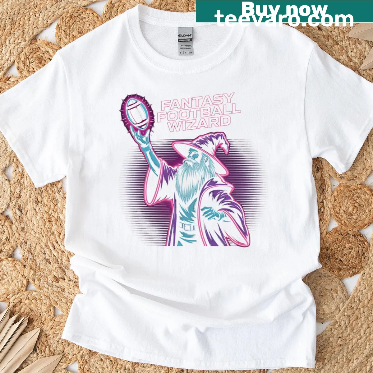 Illustration of a wizard with a football in neon glow style. — on a men's t-shirt
