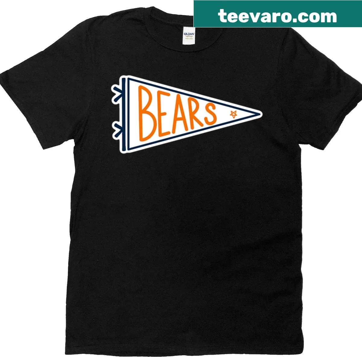 Navy and orange bears pennant flag graphic t-shirt — on a men's t-shirt