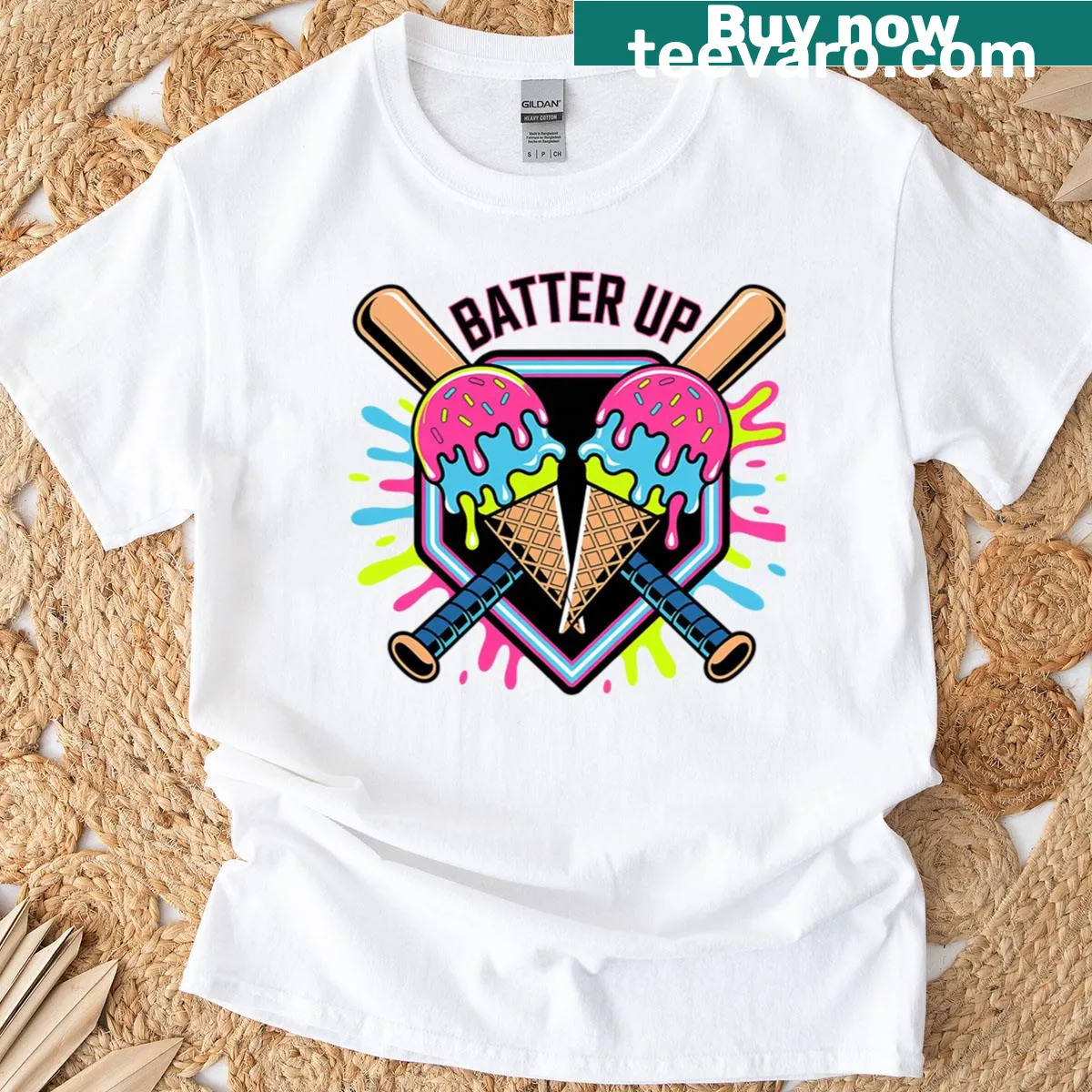 Pop art ice cream and baseball bats graphic T-shirt — on a men's t-shirt