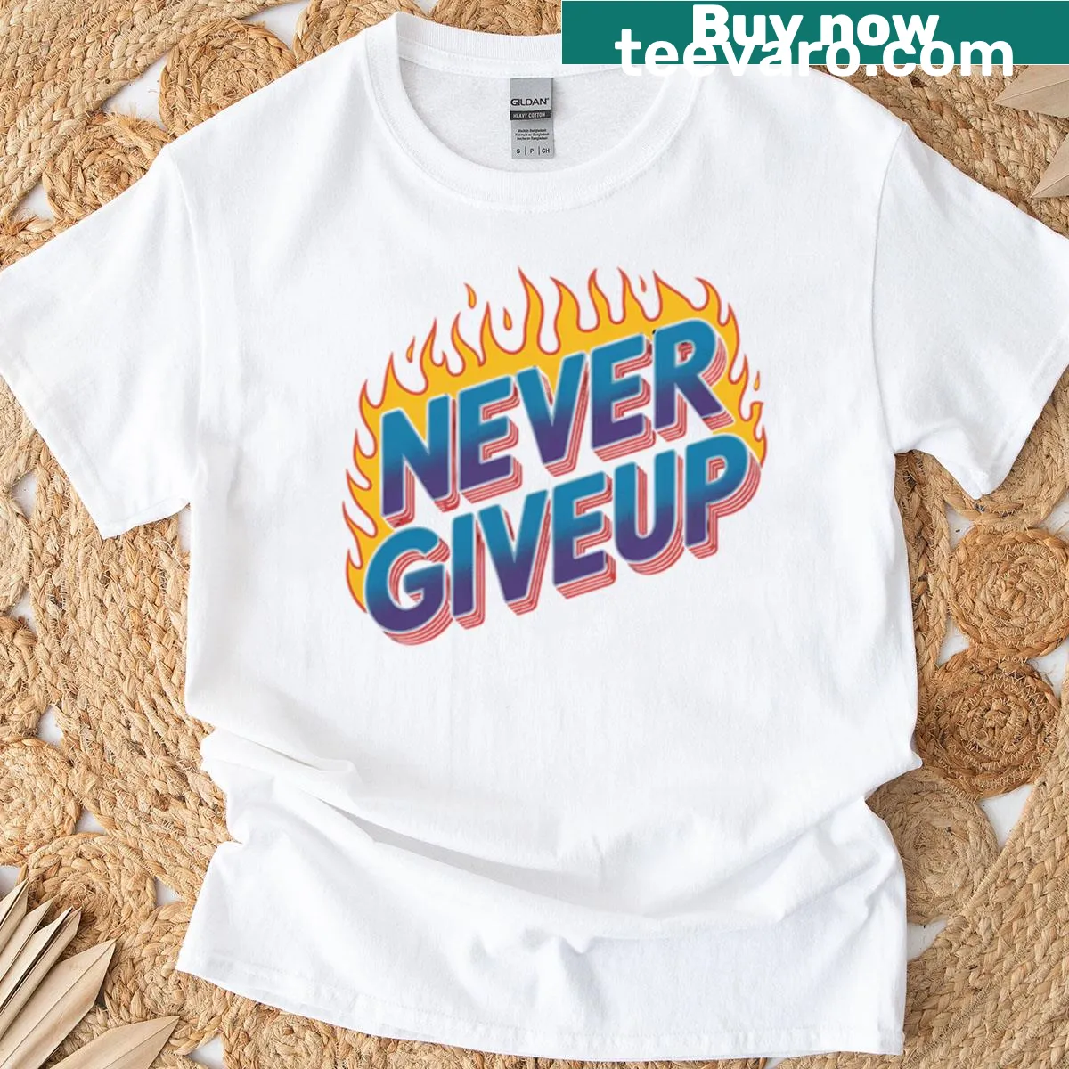 Motivational T-shirt with fire graphic and 'Never Give Up' text — on a men's t-shirt