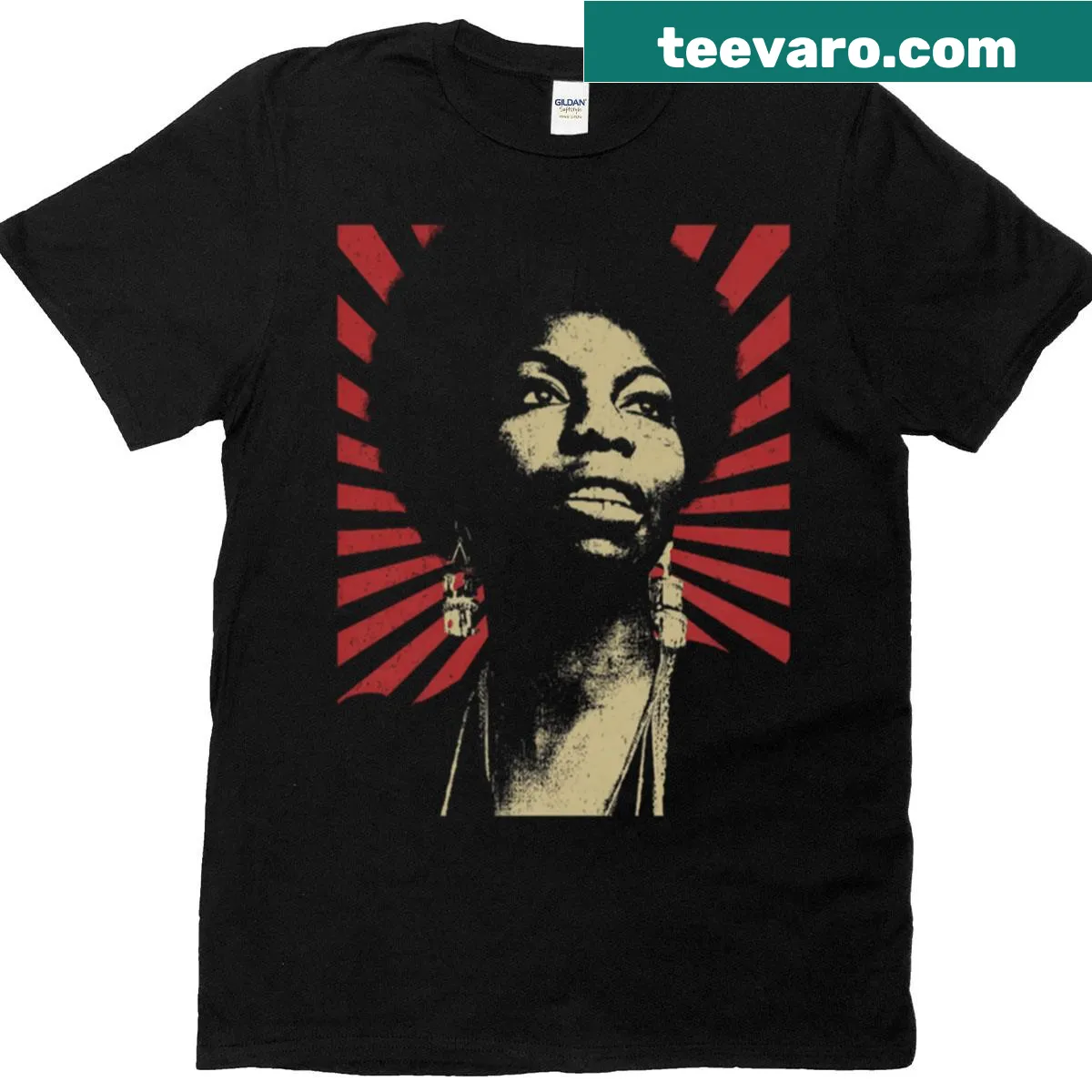 Vintage-style t-shirt featuring Nina Simone fan art — on a men's t-shirt