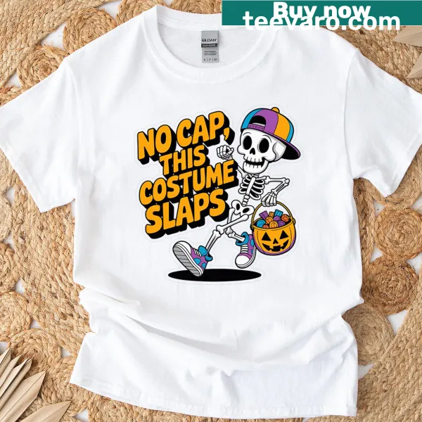 Funny Halloween T-shirt with 'No Cap This Costume Slaps' text