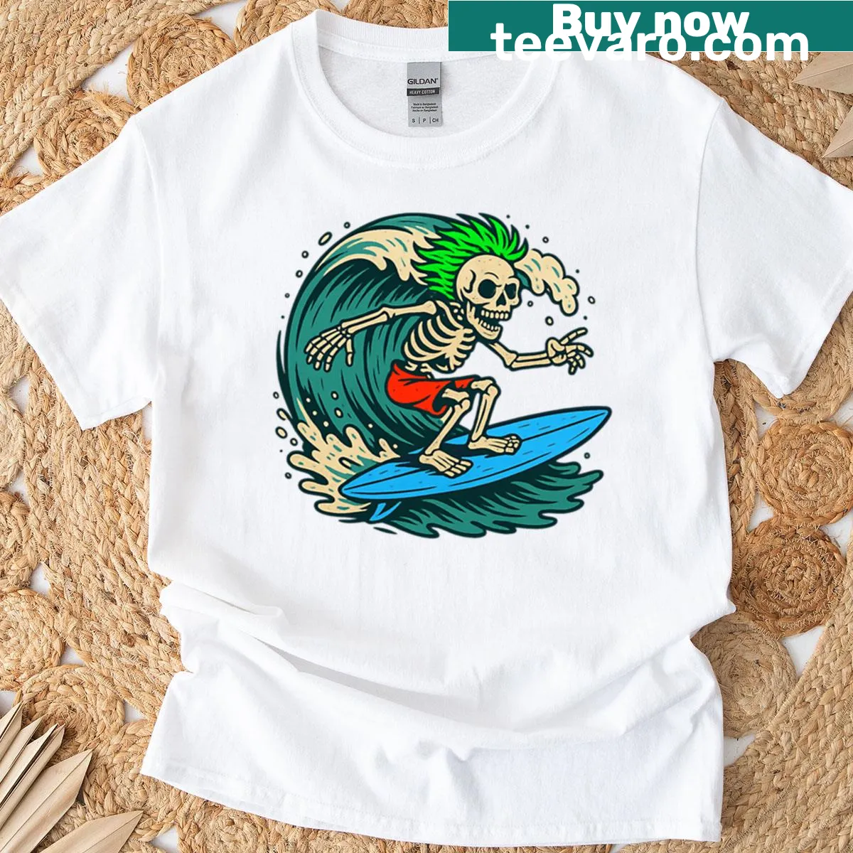Skeleton surfer graphic on punk rock-inspired t-shirt — on a men's t-shirt