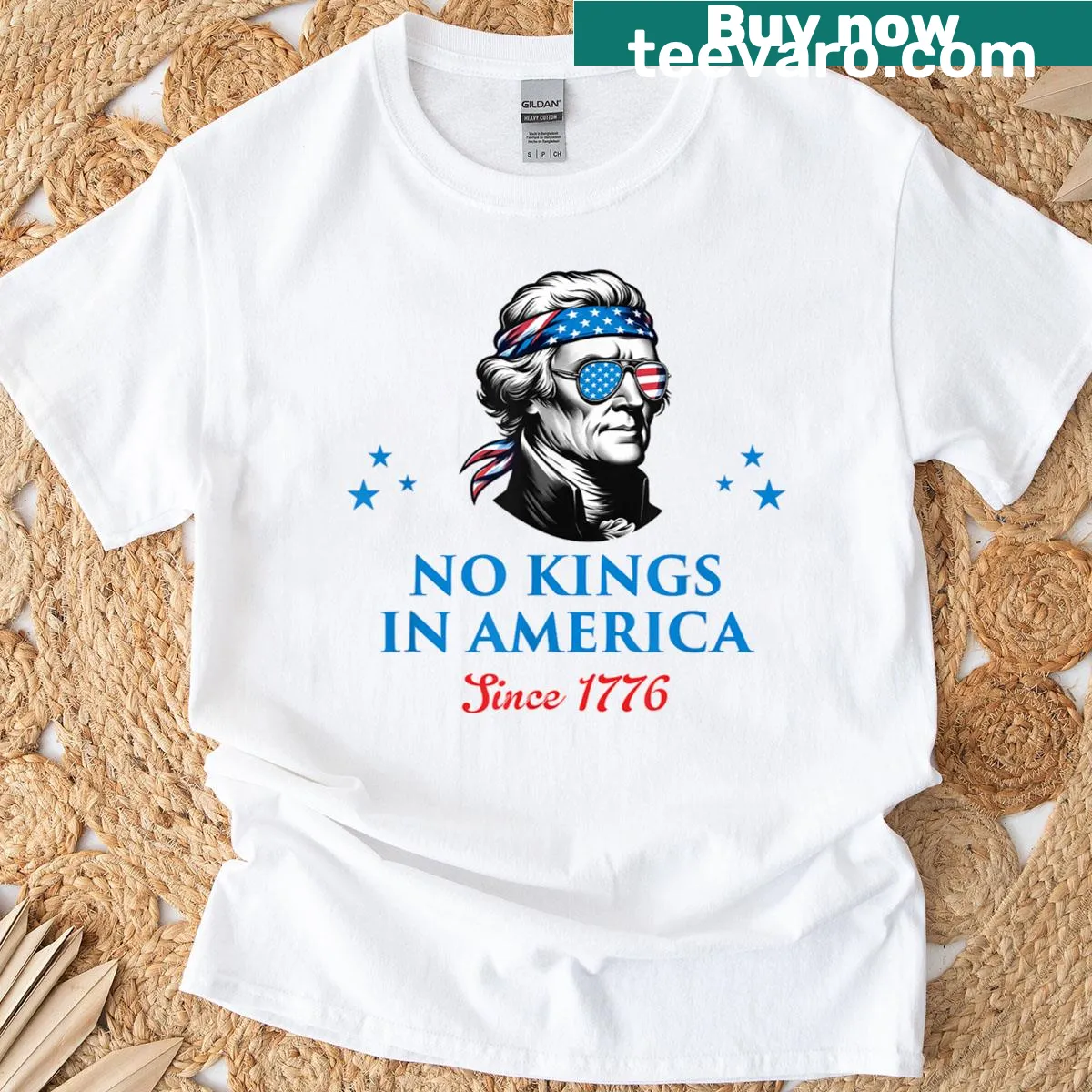 T-shirt with the phrase No Kings In America Since 1776 in bold typography — on a men's t-shirt