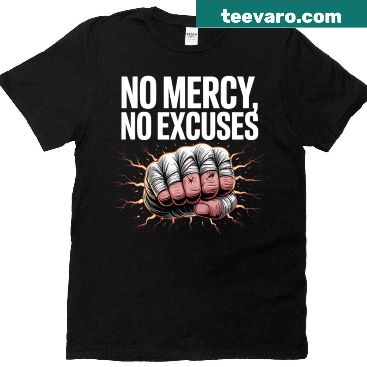 Motivational sports t-shirt with 'No Mercy No Excuses' text — on a men's t-shirt