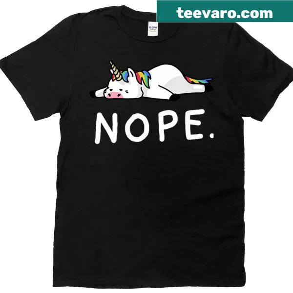 Cartoon unicorn graphic with 'Nope' text on a playful T-shirt