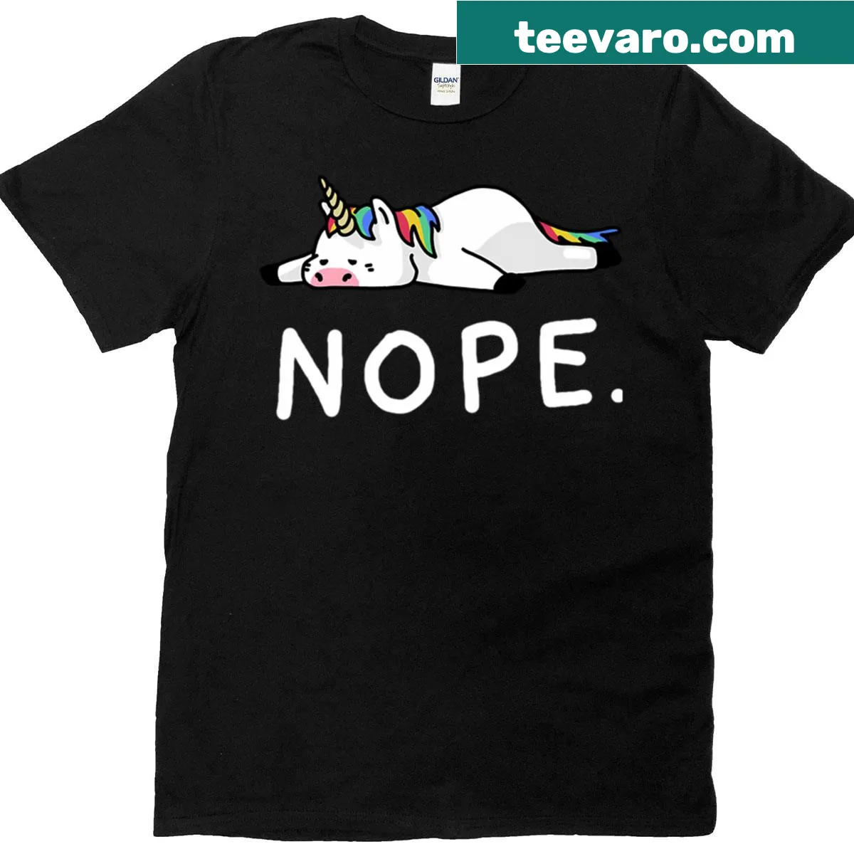 Cartoon unicorn graphic with 'Nope' text on a playful T-shirt — on a men's t-shirt