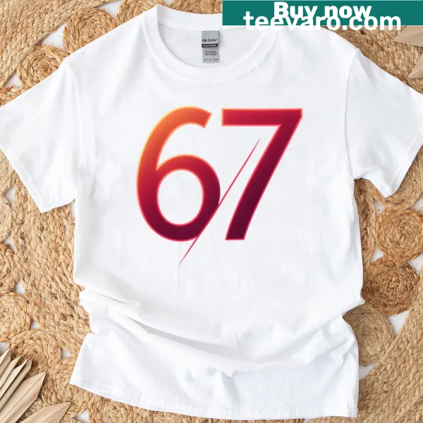 T-shirt featuring a flame design with the number 67