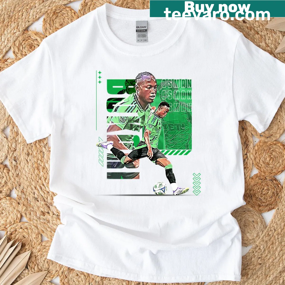 Soccer player illustration on action-themed T-shirt — on a men's t-shirt