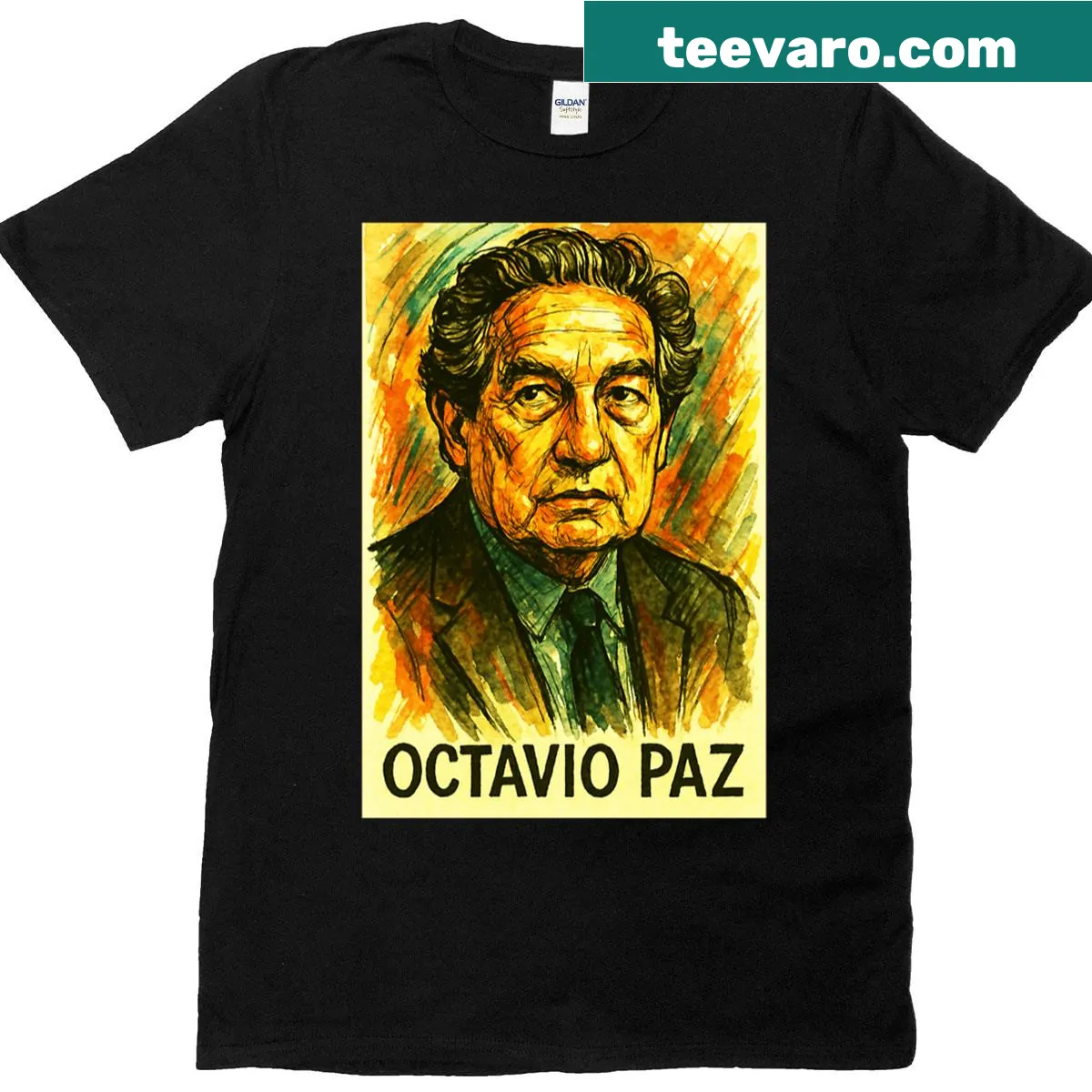 Elegant T-shirt honoring Octavio Paz with poetic design elements. — on a men's t-shirt