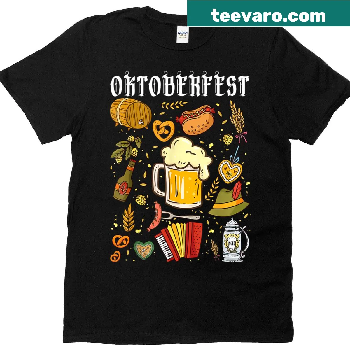 Oktoberfest-themed t-shirt with autumn leaves — on a men's t-shirt