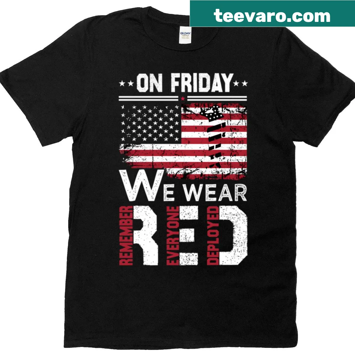 Typographic T-shirt with a red remembrance theme for deployed veterans — on a men's t-shirt