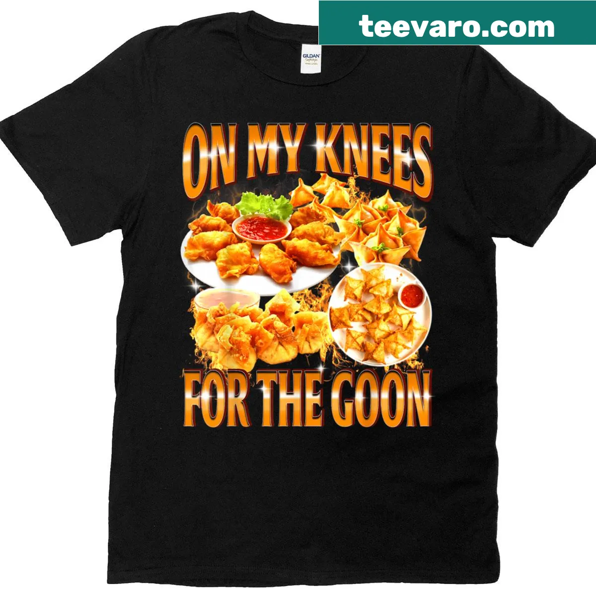 Funny t-shirt with 'On My Knees For The Goon' text design — on a men's t-shirt