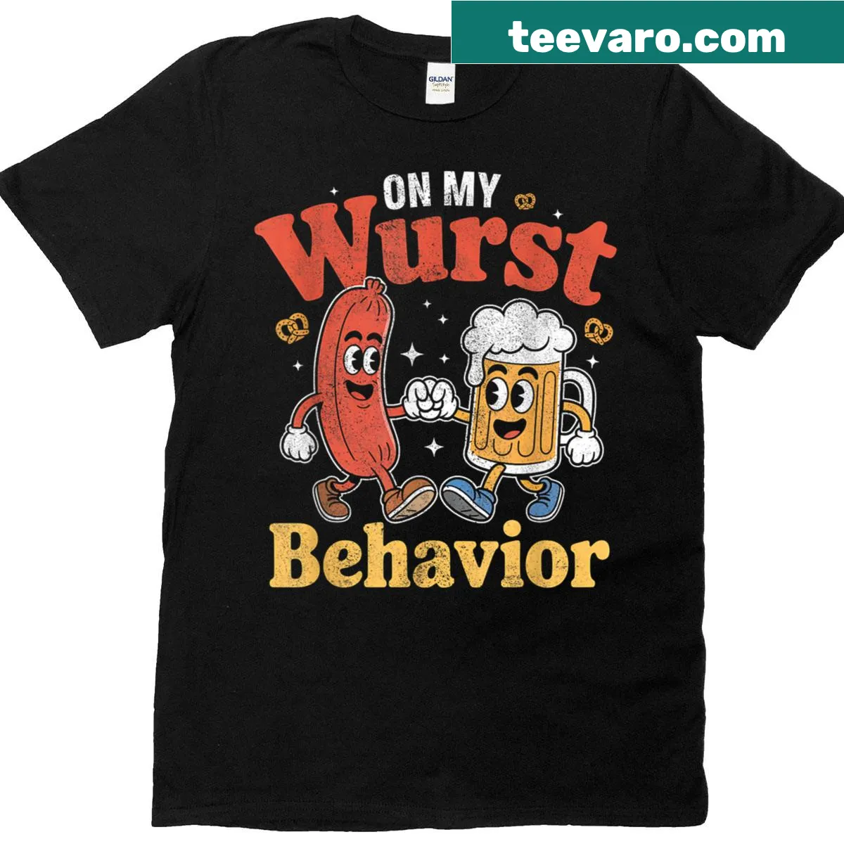 Funny Oktoberfest T-shirt with the phrase 'On My Wurst Behavior' — on a men's t-shirt