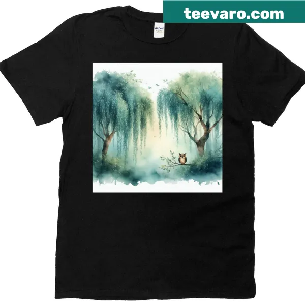 Illustrated T-shirt featuring an owl among birch trees