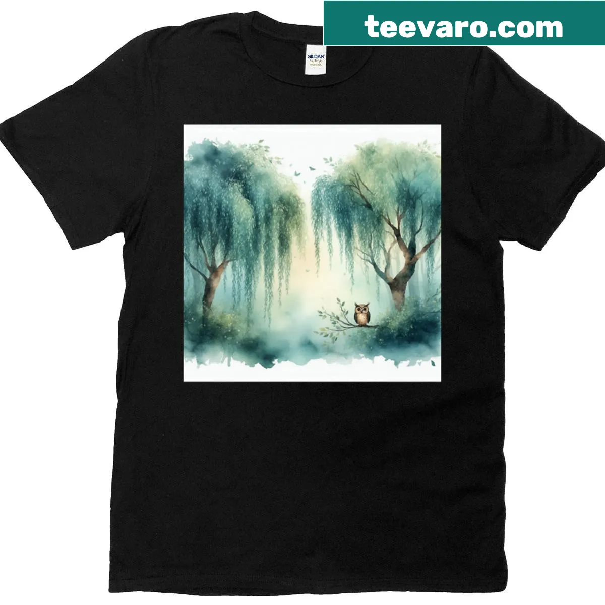 Illustrated T-shirt featuring an owl among birch trees — on a men's t-shirt