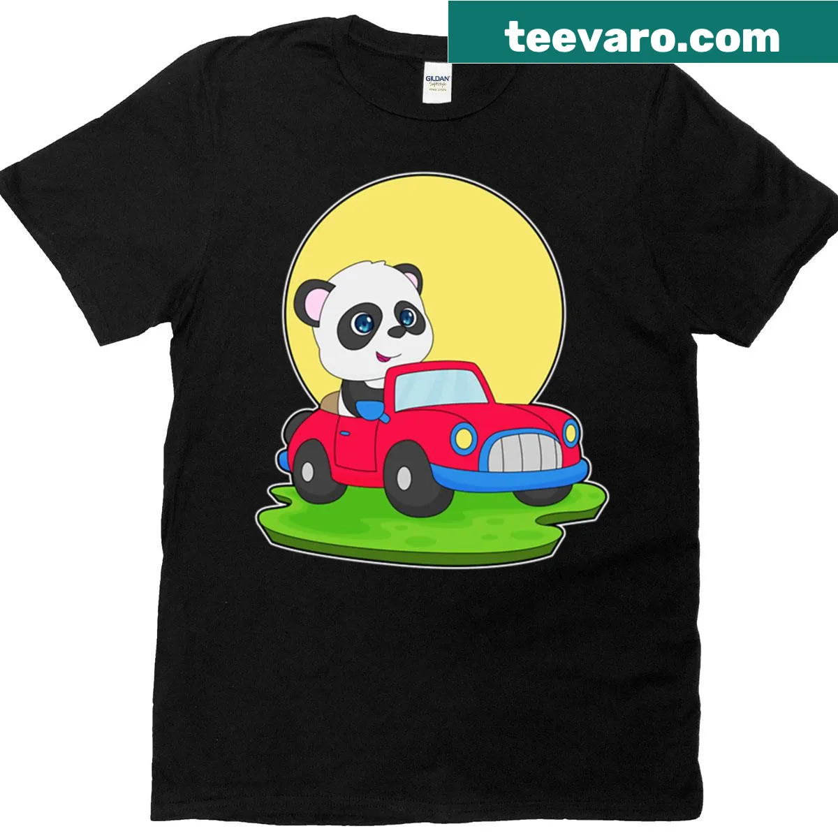 Playful T-shirt featuring a panda driving a cartoon car — on a men's t-shirt
