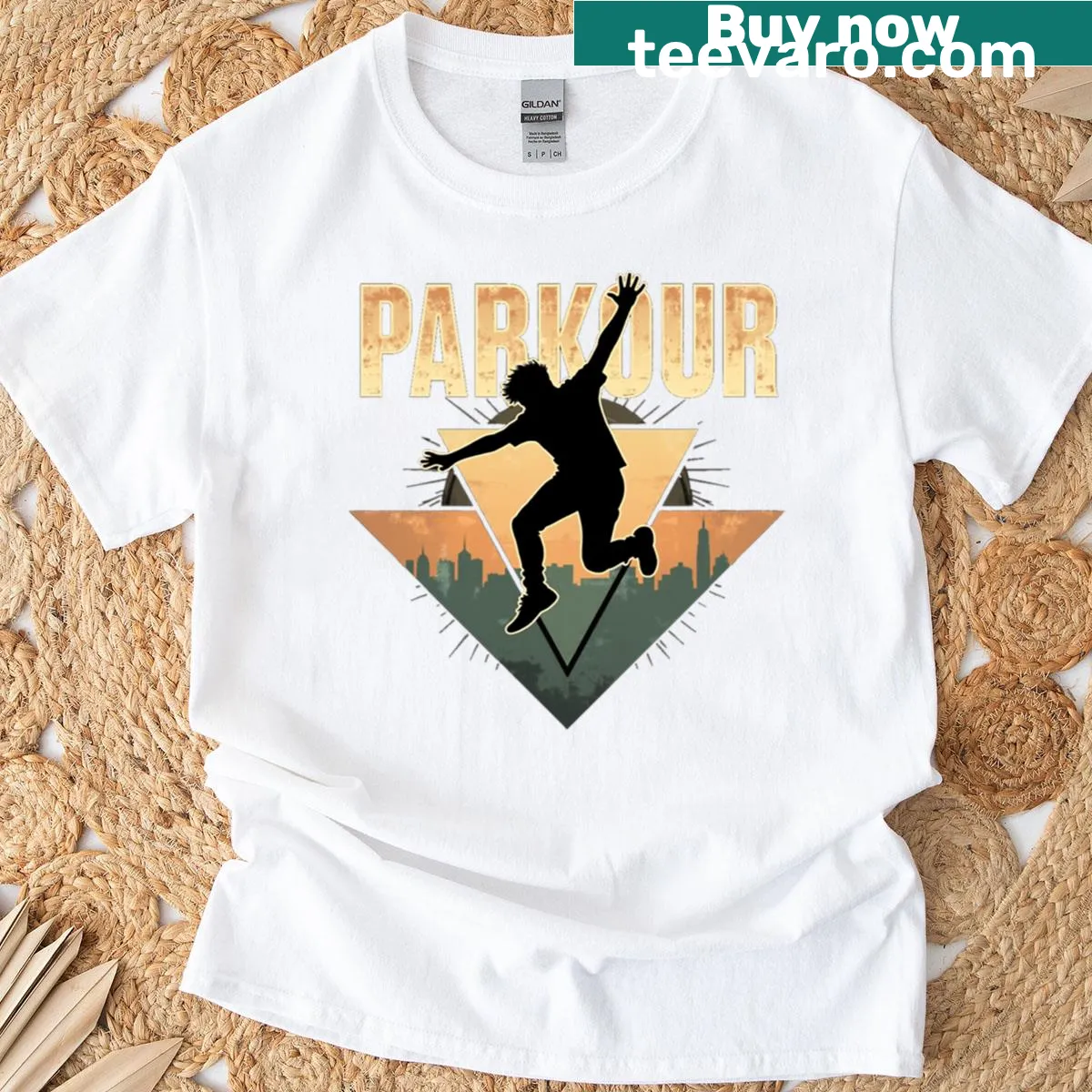 Illustration of parkour movement on a bold t-shirt — on a men's t-shirt