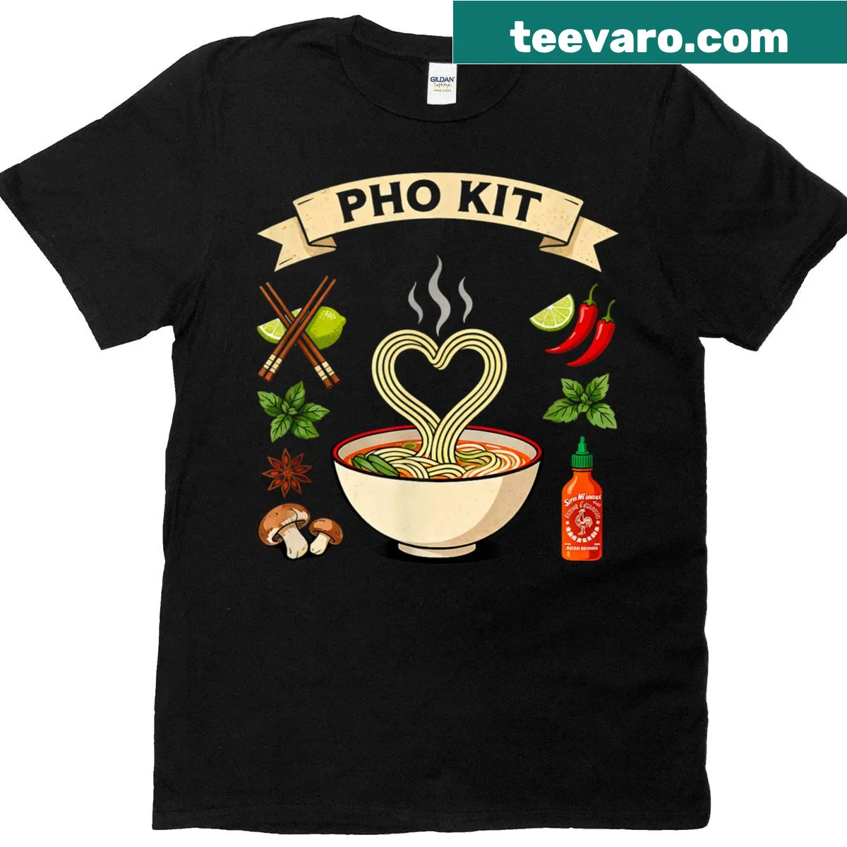 Humorous T-shirt featuring a graphic of pho and hot sauce — on a men's t-shirt