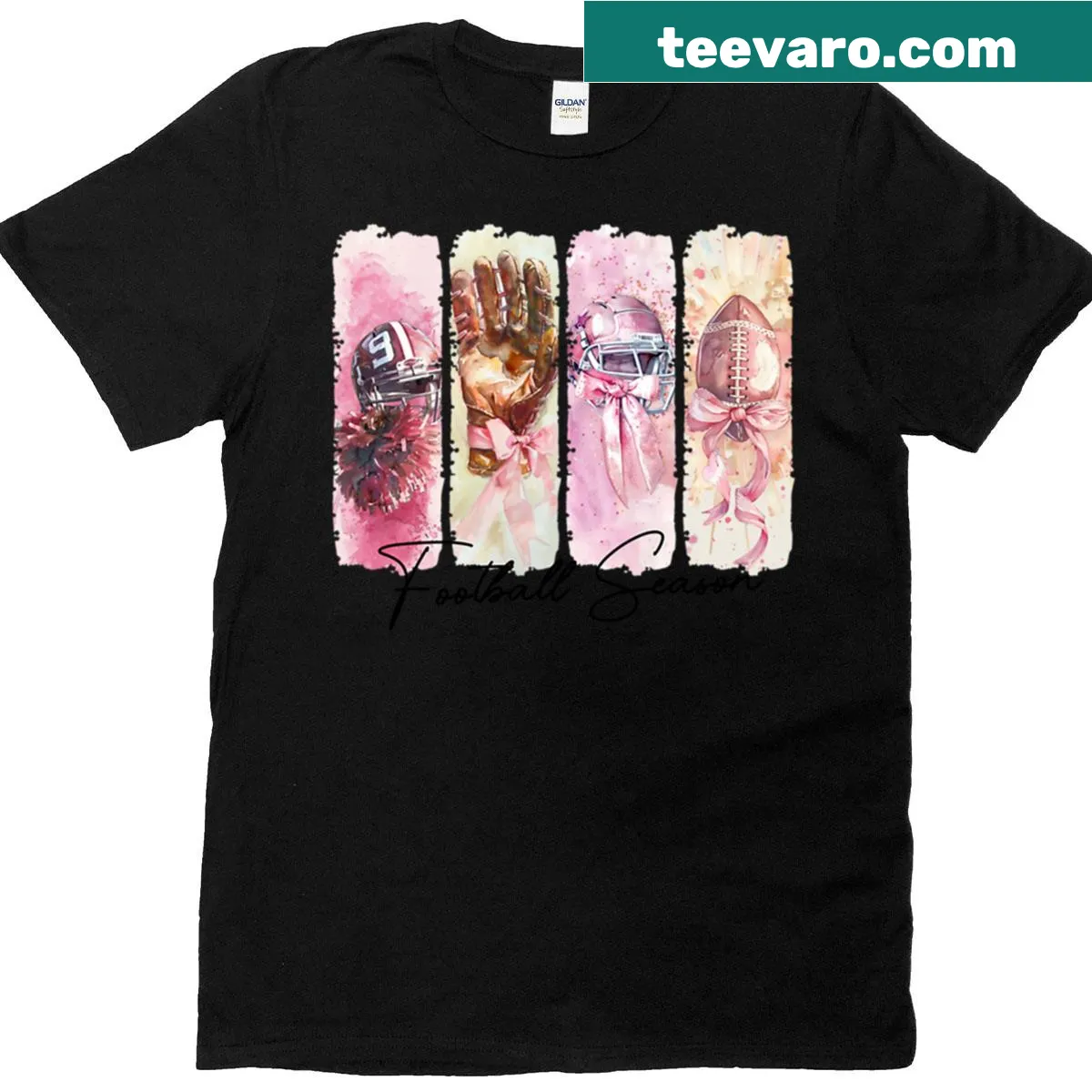 Watercolor T-shirt depicting a playful football season theme in pink — on a men's t-shirt