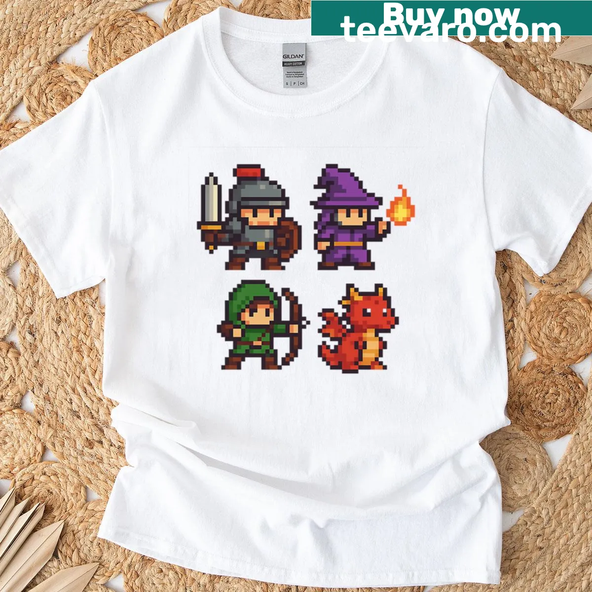 Retro pixel RPG heroes graphic t-shirt — on a men's t-shirt