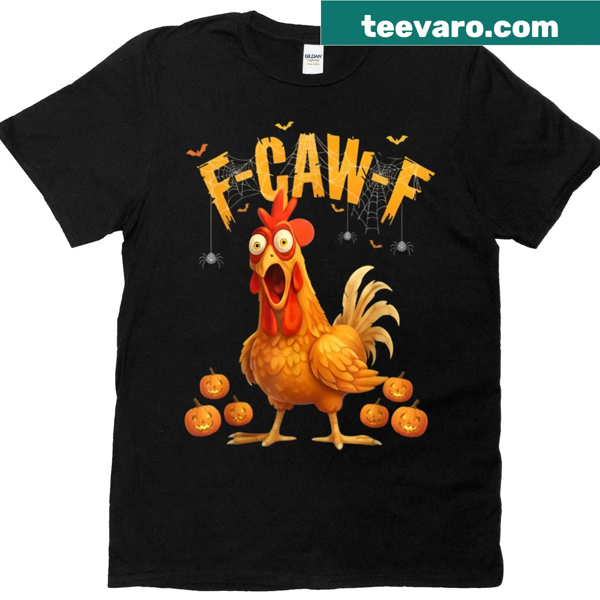 Halloween-themed t-shirt with a pumpkin chicken design — on a men's t-shirt