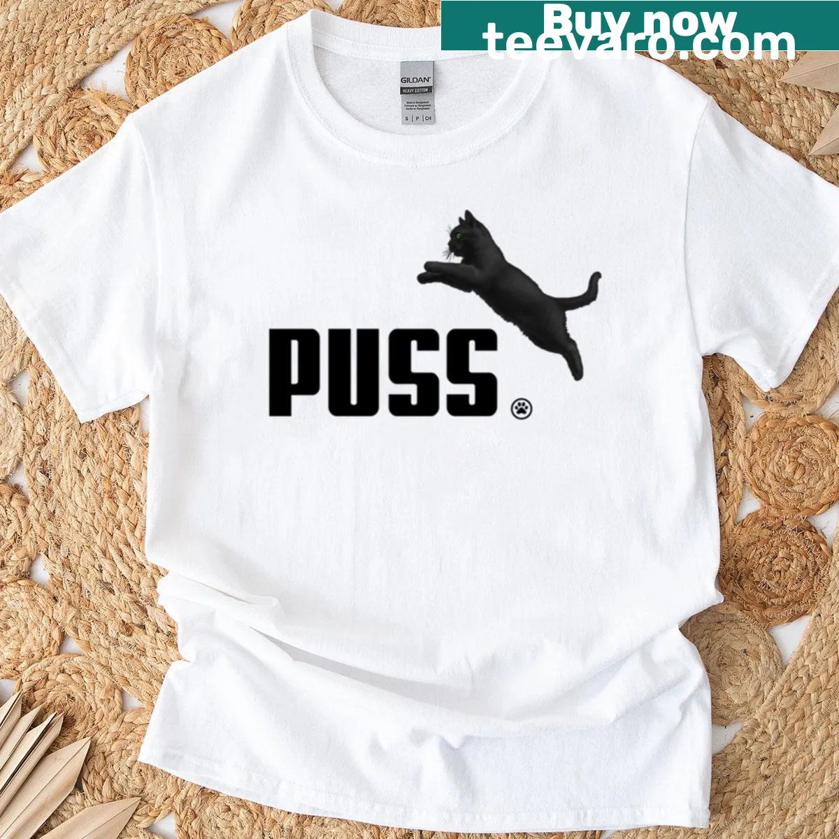 Illustration of an athletic cat jumping in a playful style. — on a men's t-shirt