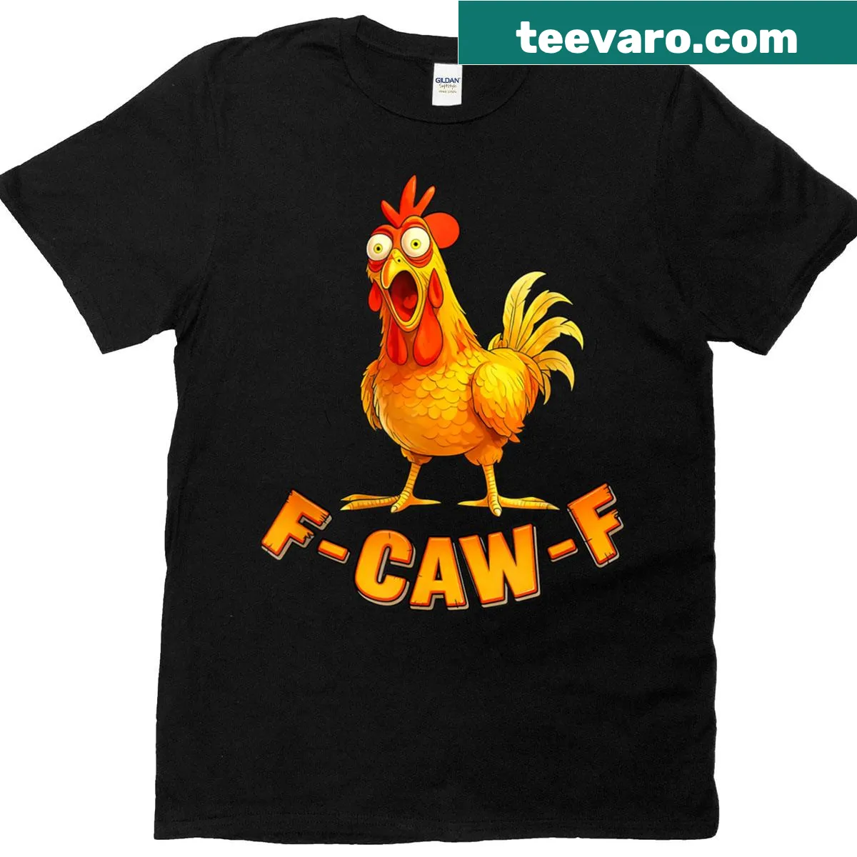 Funny chicken graphic with 'F-caw-f' text on a humorous t-shirt — on a men's t-shirt