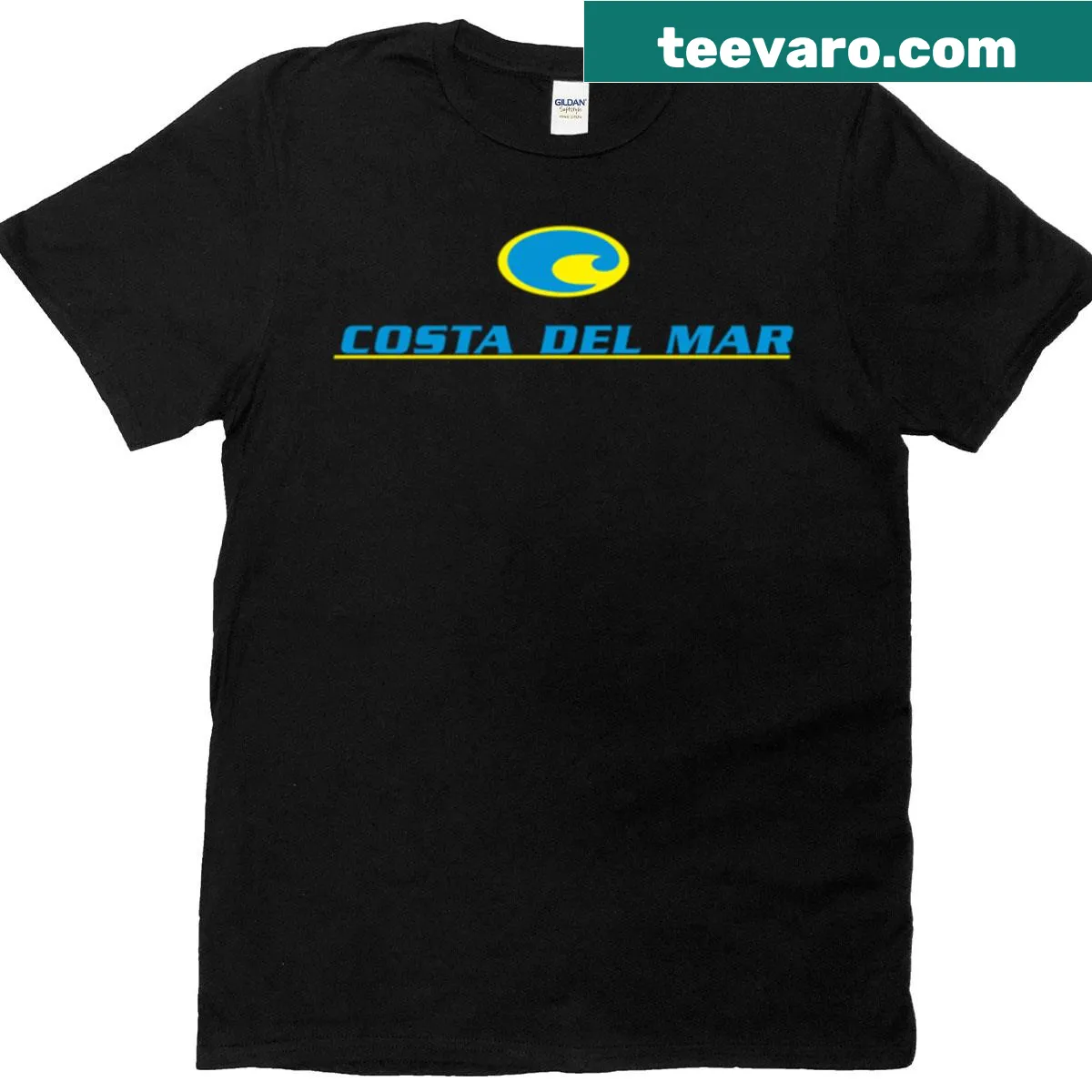 Illustrative t-shirt featuring Costa Del Mar sunglasses and sunset — on a men's t-shirt