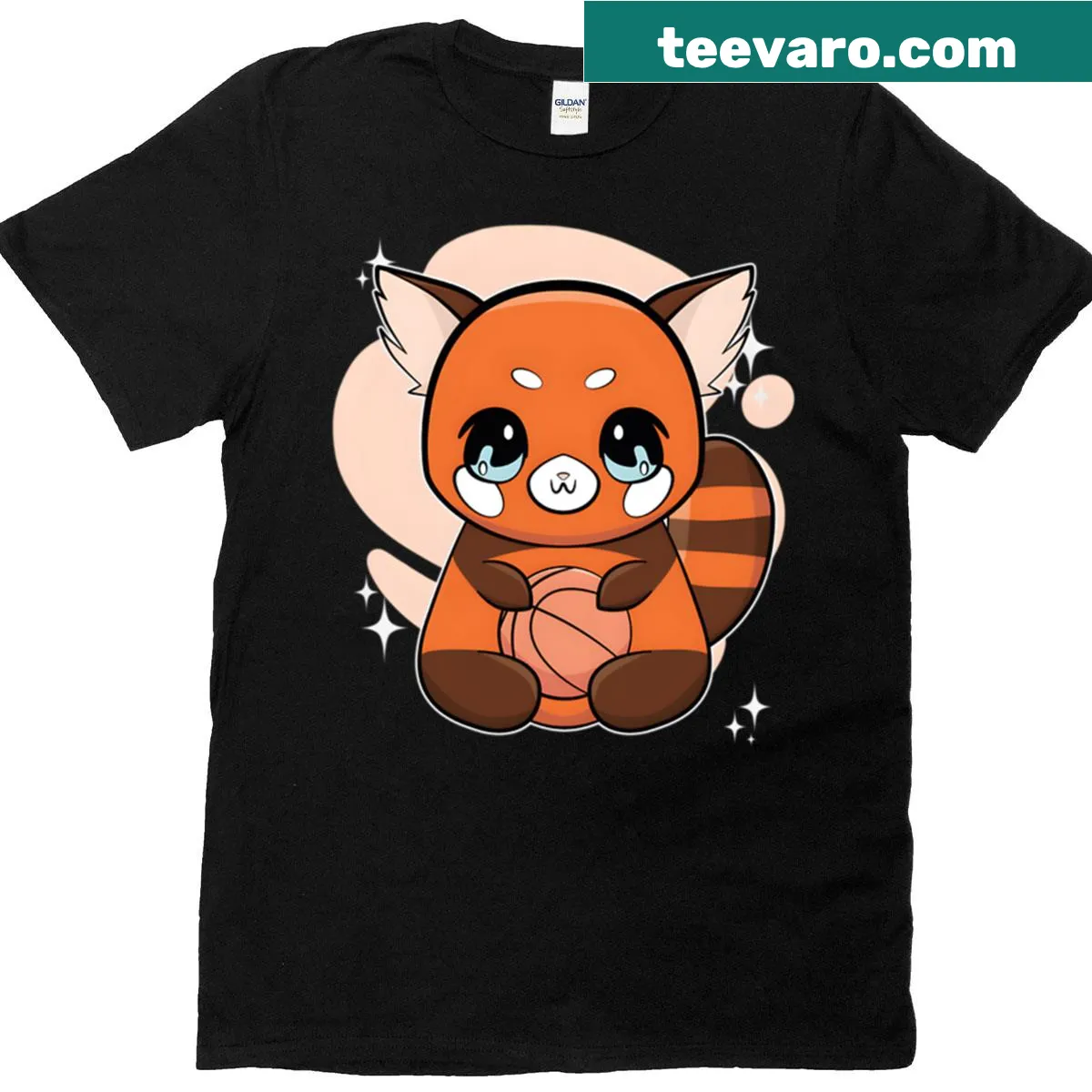 Illustrated T-shirt featuring a red panda playing basketball — on a men's t-shirt