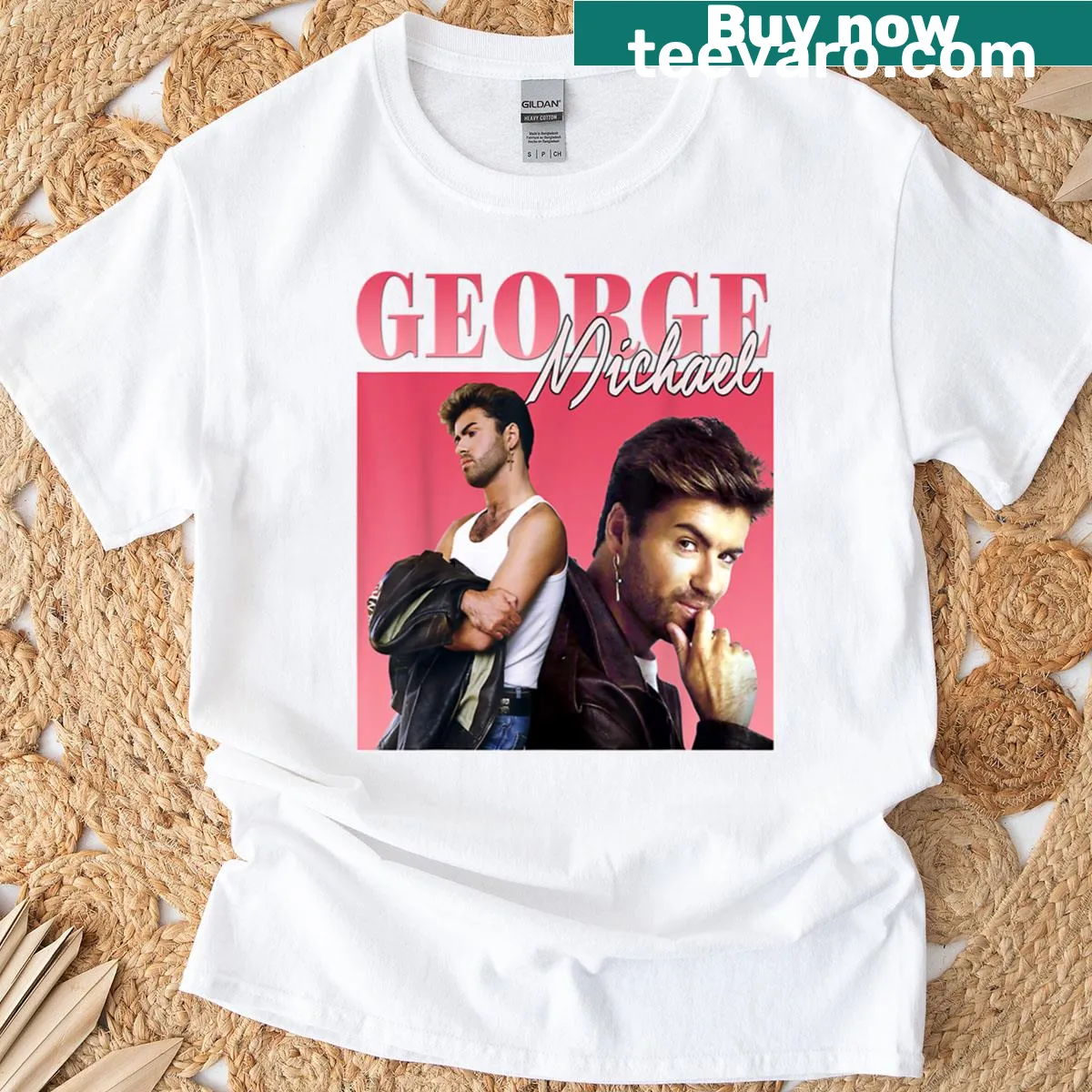 Retro graphic T-shirt honoring George Michael and music legends — on a men's t-shirt