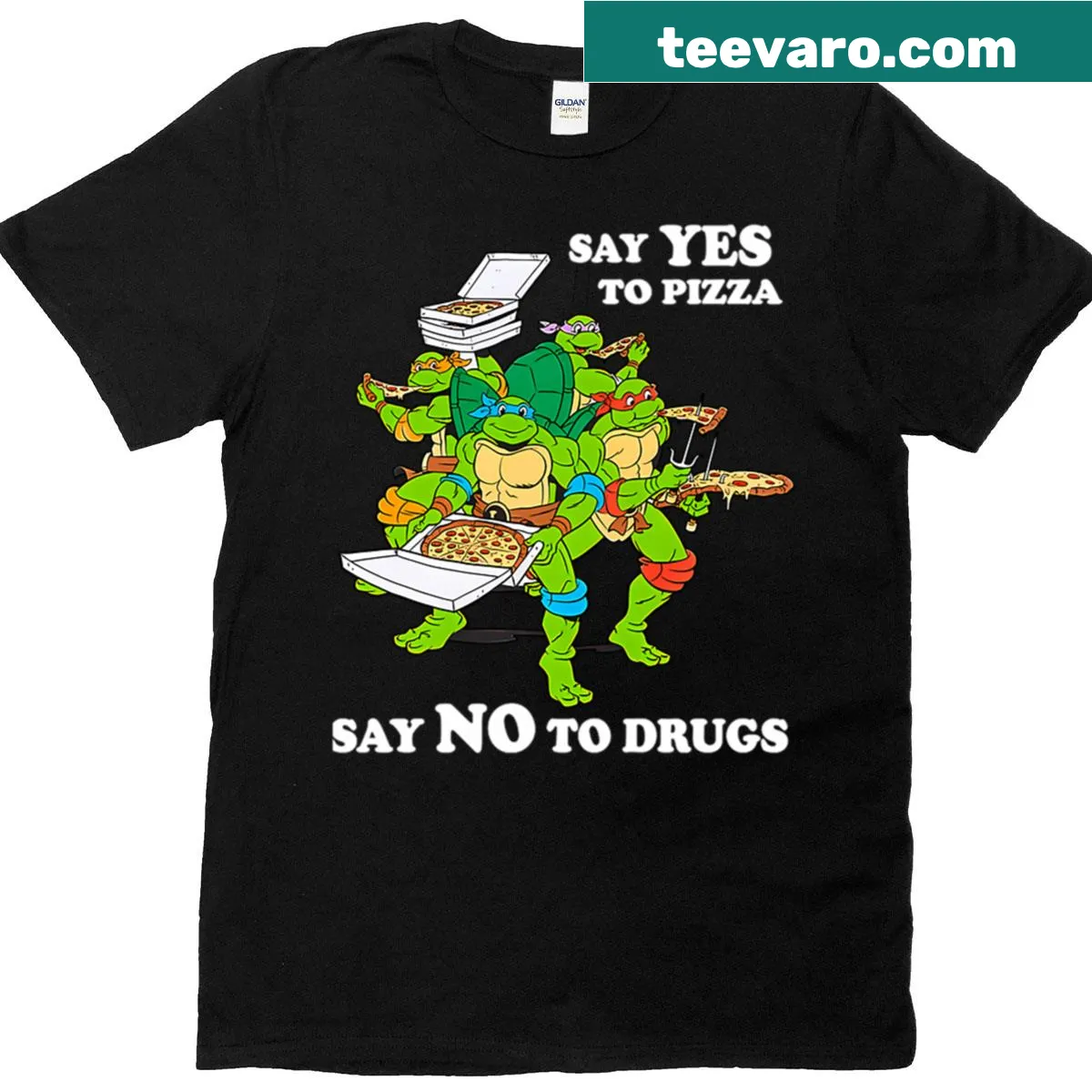 Ninja Turtles cartoon t-shirt with pizza and drug awareness message — on a men's t-shirt