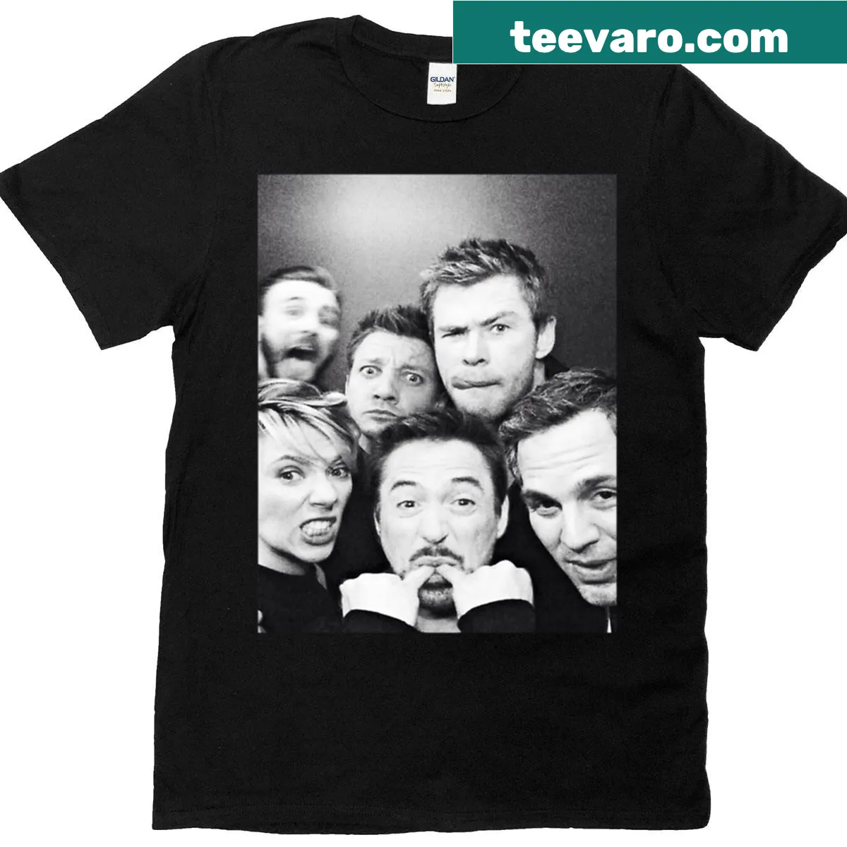 T-shirt featuring Avengers actors Robert Downey Jr., Chris Evans, Scarlett Johansson, and Chris Hemsworth — on a men's t-shirt
