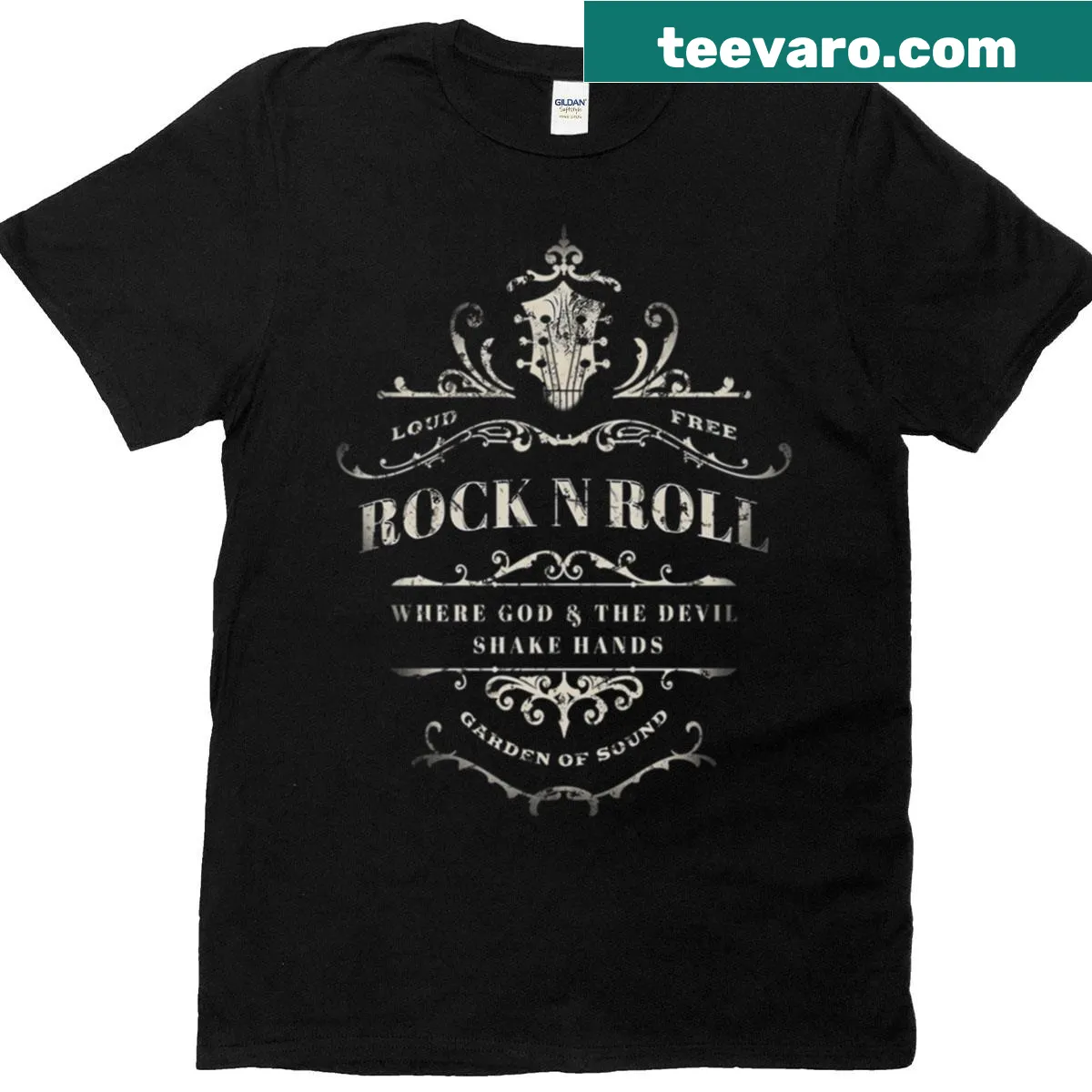 Bold rock n roll t-shirt with iconic phrase and illustration — on a men's t-shirt