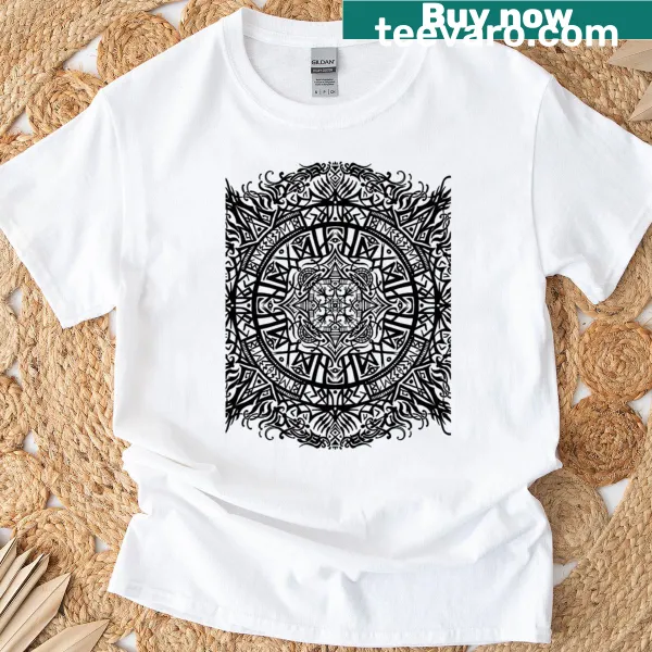 T-shirt featuring an intricate runic mandala design in a minimalist style