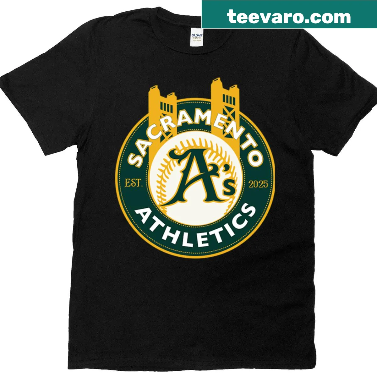Minimalist typography t-shirt featuring Sacramento Athletics text — on a men's t-shirt