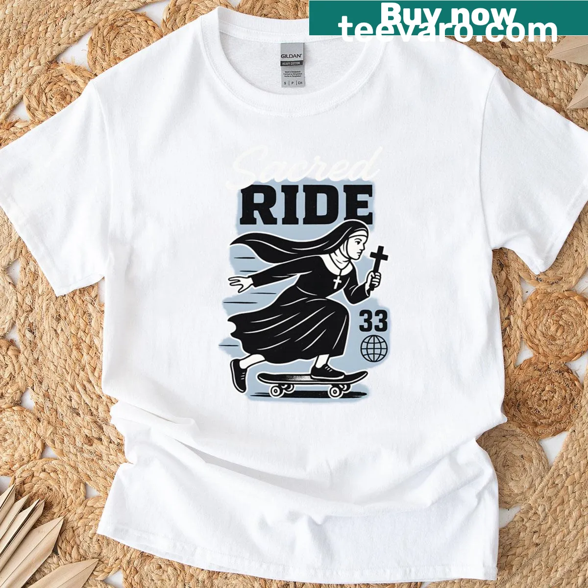 Funny retro graphic of skateboarding nun on T-shirt — on a men's t-shirt