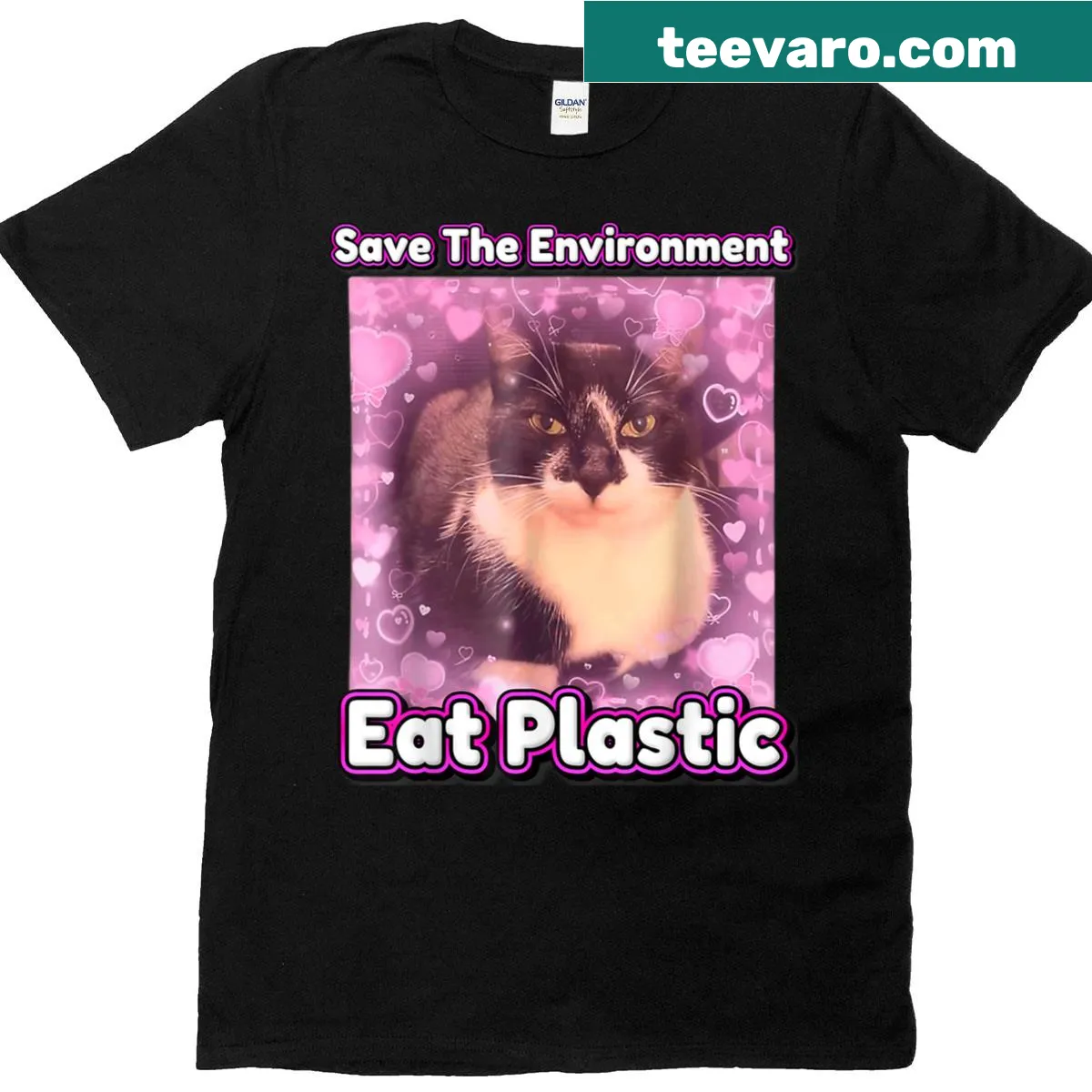 Funny cat meme t-shirt with Save The Environment Eat Plastic text — on a men's t-shirt