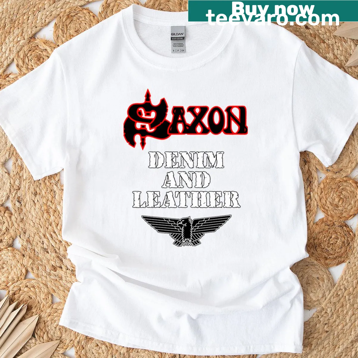 Vintage denim and leather graphic on a heavy metal themed t-shirt — on a men's t-shirt
