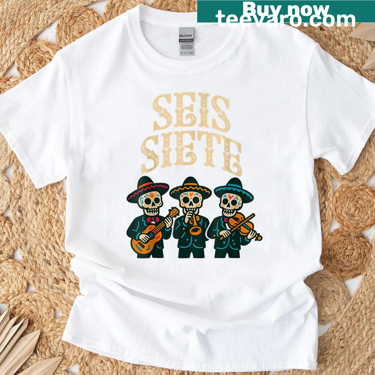Humorous design featuring calaveras and the 'Seis Siete' meme. — on a men's t-shirt