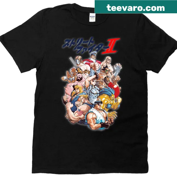 Illustration of various fighters on a playful gaming T-shirt