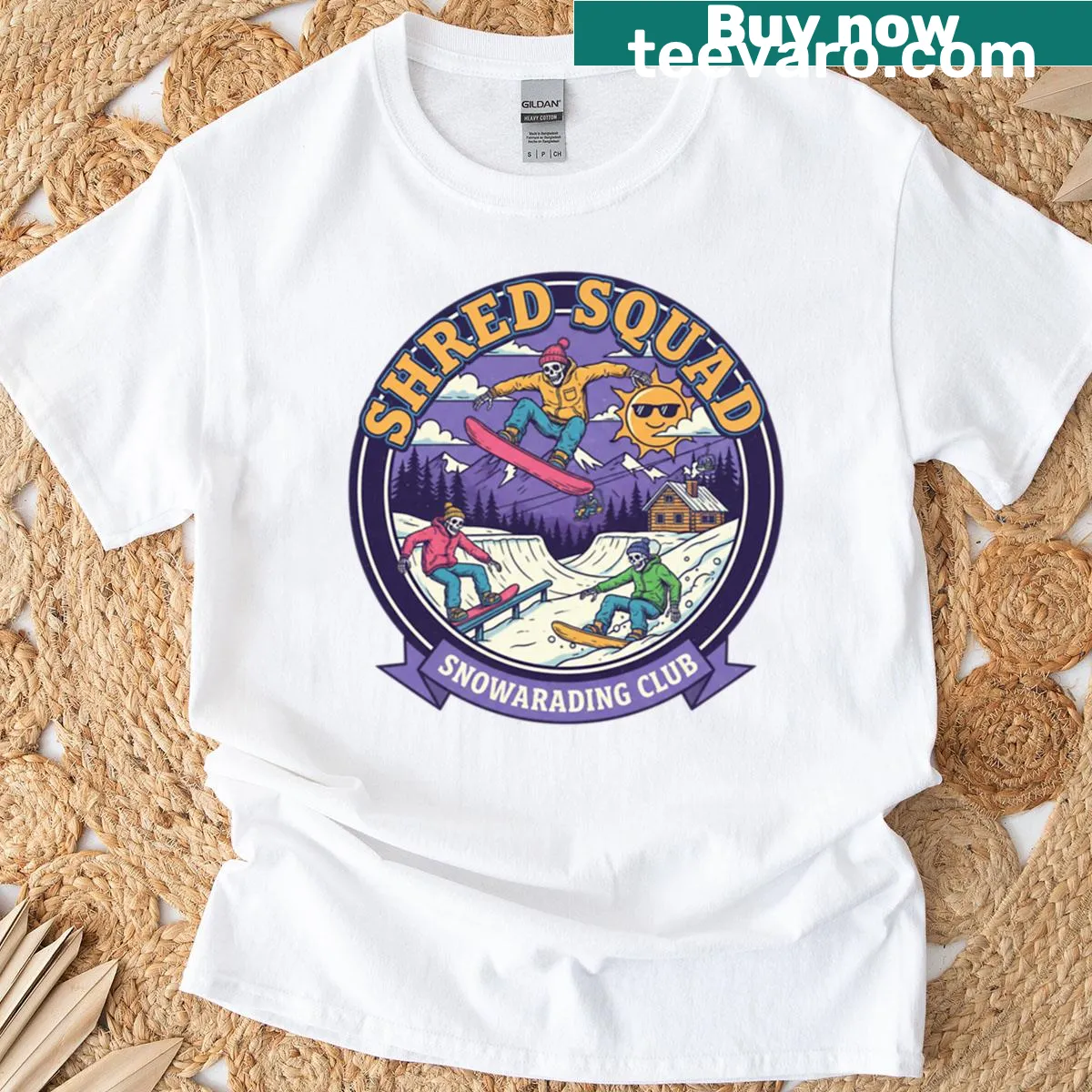 Snowboarders t-shirt featuring Shred Squad graphic — on a men's t-shirt