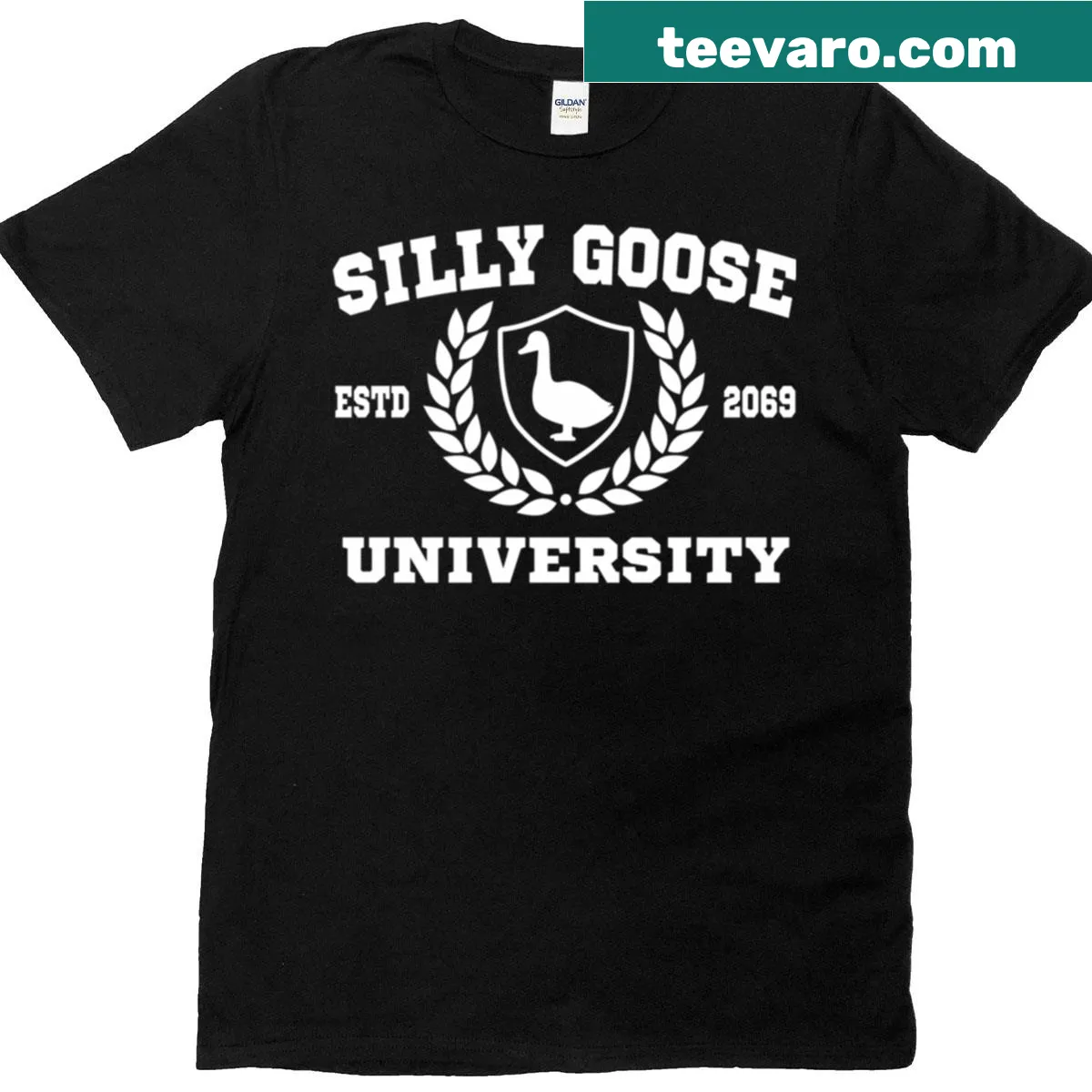 Cartoon 'Silly Goose University' graphic on kids T-shirt — on a men's t-shirt