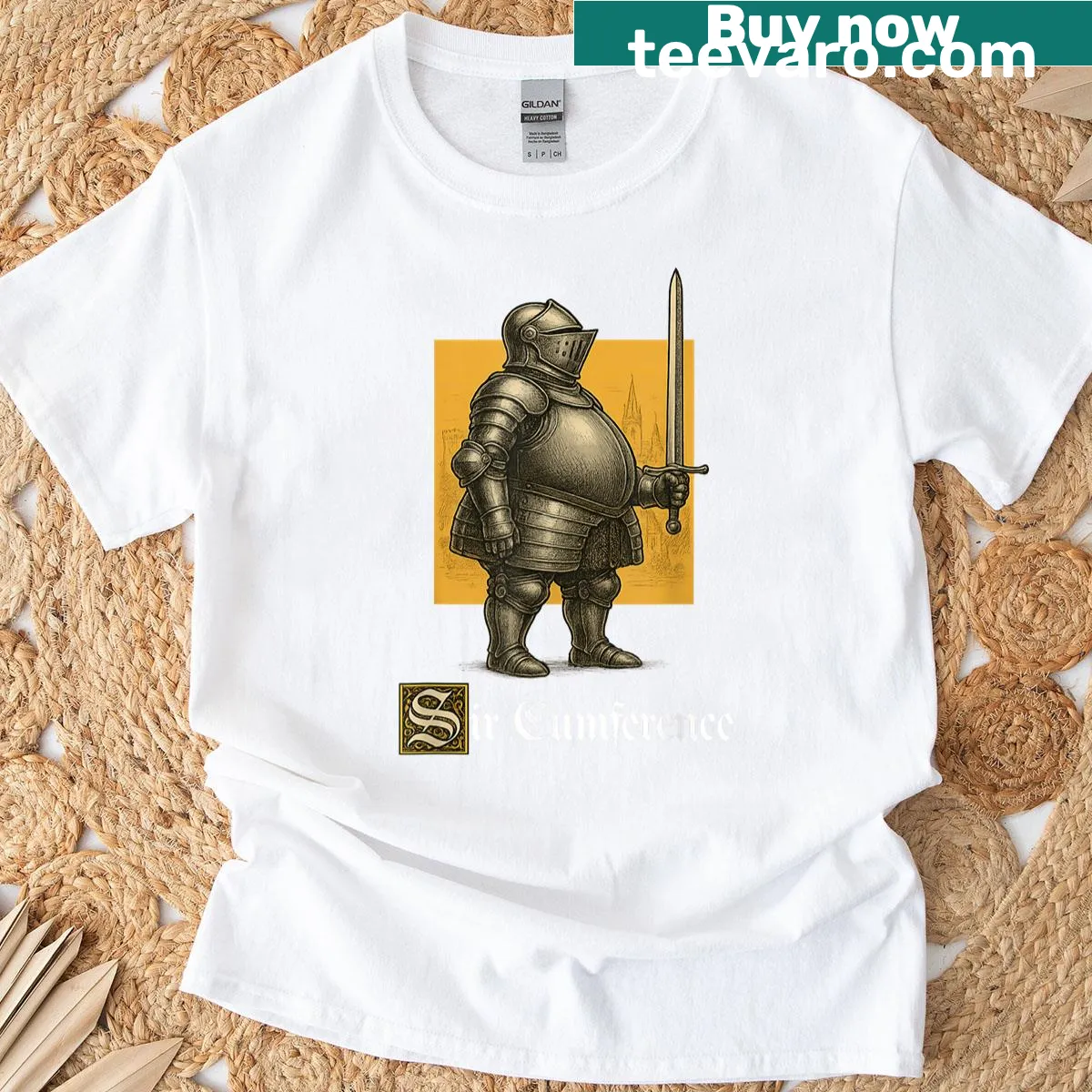 Humorous cartoon T-shirt featuring Sir Cumference character. — on a men's t-shirt