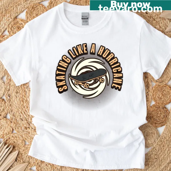 Cartoon-style skateboarding t-shirt with a hurricane theme.